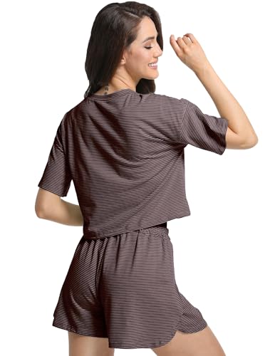 Image of Split Short Pajama Set Soft Women's Striped Pajama Sleeve Tee & Elastic Waist Shorts Summer Lounge Sleepwear