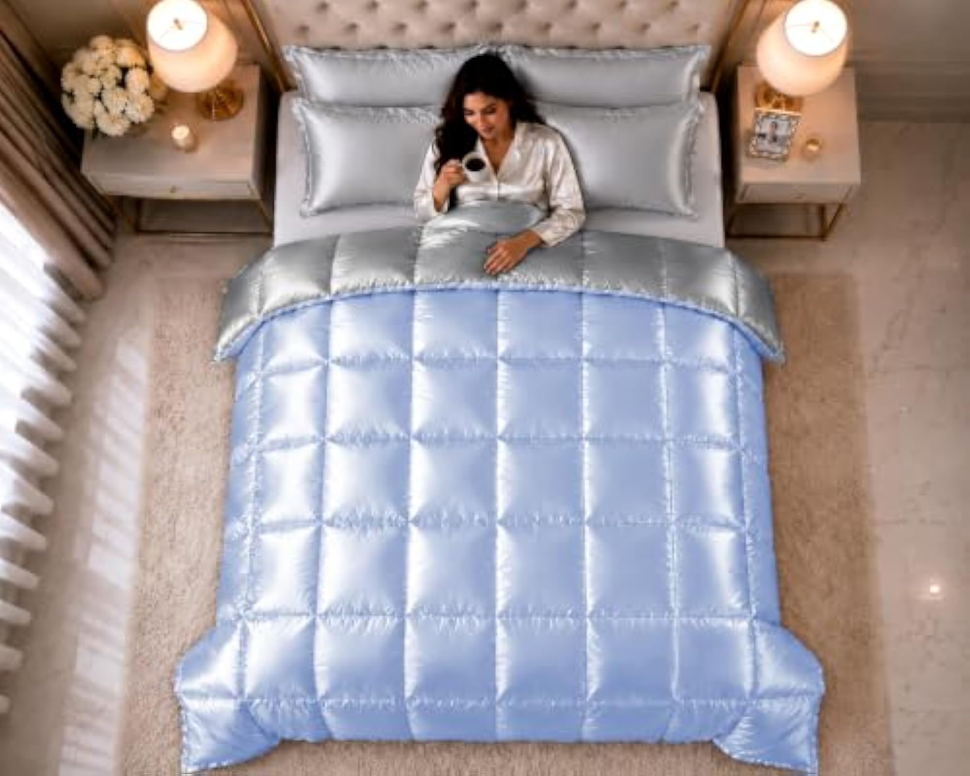 Reversible Silk Satin Comforter Single Size, Sky Blue
