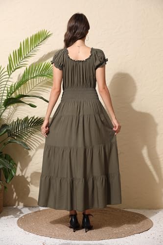 Image of OSTOO Women's Floral Maxi Dress Boho Summer Short Sleeve Smocked Waist Tiered Long Dress