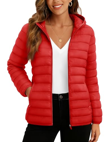 TACVASEN Ladies Puffer Coat Long Sleeve Ultra-light Water-Resistant Jacket with Pockets Quilt Jacket for Winter,Tomato Red M