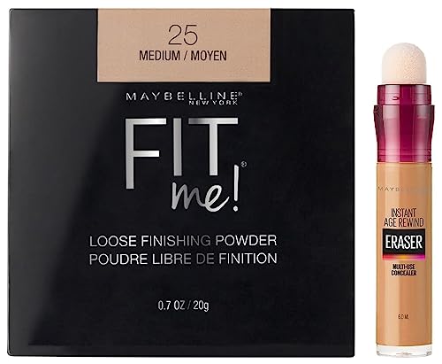 Image of Maybelline New York Instant Age Rewind Luminous Liquid Concealer, Caramel, 6Ml And New York Fit Me Loose Finishing Powder,Acne Prone, 25 Medium, 20G, 2 count