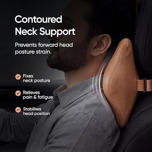 Image of Frido Premium Car Neck Rest Pillow with Ergonomic Memory Foam Headrest Cushion and Luxe Leatherette Cover, Comfortable Neck Support for Driving, Relieves Neck Pain for Long Drives and Travel | Tan