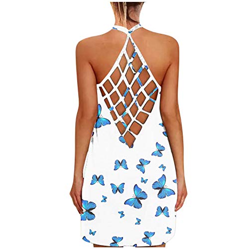 Womens Summer Dresses Casual Strappy Backless Floral Mini Dress Loose Boho Tank Dresses Sleeveless Hollow Halter Sundress