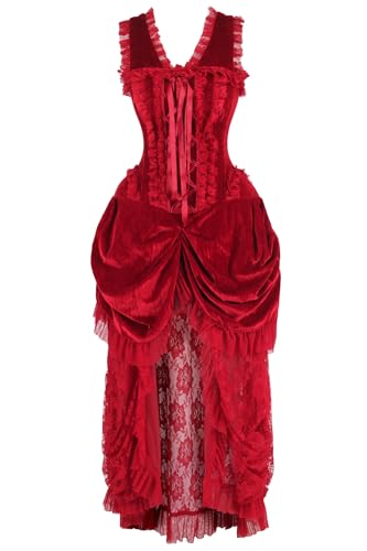 Daisy corsets Womens Steel Boned Dark Red Velvet Victorian Bustle Corset Bustier Dress