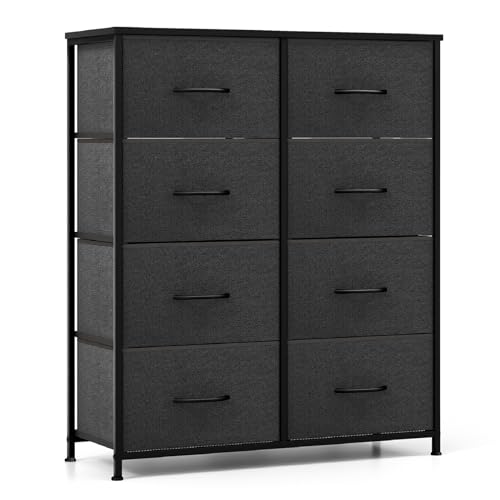COSTWAY Chest of Drawers, Fabric 8-Drawer Dresser Cabinet with Wooden Top, Steel Frame Drawers Storage Organizer Unit for Bedroom, Living Room, Closet and Hallway, 80x30x92cm, Dark Grey+Black