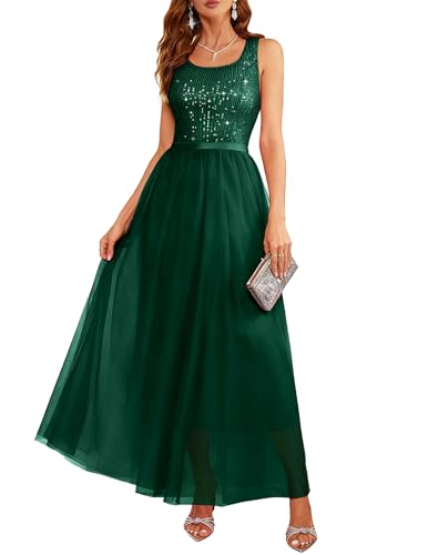 Image of BeryLove Sequin Dress for Woman Vintage A Line Wedding Formal Swing Mesh Dress Sleeveless Cocktail Maxi Gowns
