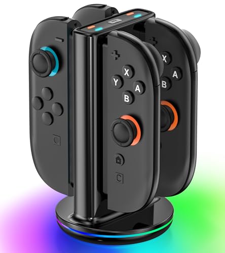 Cargador Mandos para Switch 2, 2,5H Rápida Base Cargador para Switch Joy-con 2025, Estacion Carga para Joy-con 2 con 9 Modos de Luz, Base para Carga en Cualquier Dirección, Figuras interactivas