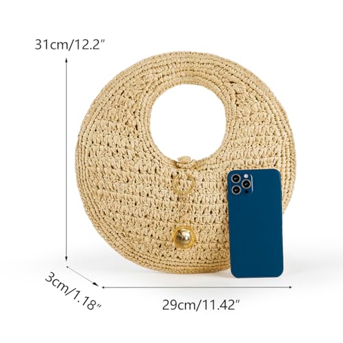 Image of PHILOMENA Woven Straw Beach Bag for Women Handmade Raffia Circle Bag, Summer Boho Chic Tote Purse Handbag Large Round Bag