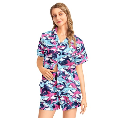 Image of Funny Pajamas for Women Set Print Satin Loungewear Pjs Short Sleeve Button Down Top and Shorts Sets Sleepwear XS-3XL