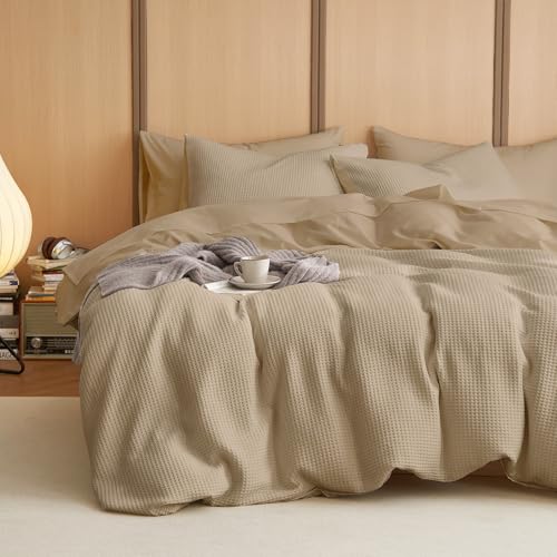 Image of Wake In Cloud - Waffle Cotton Comforter Set, 100% Cotton Fabric Bedding, Waffle Weave Knit Textured Neutral Farmhouse Soft Lightweight, 3 Pieces, Tan, King Size