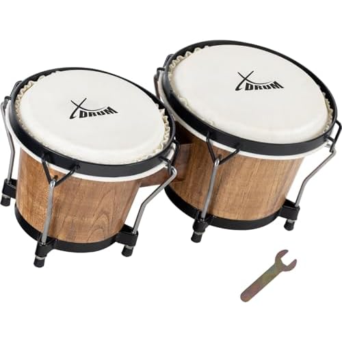 XDrum PERC Bongos Club Burdeos - 2 tambores de 6" y 7" - Bongos con parches naturales afinables y llave de afinación - Tambores de madera Tobacco