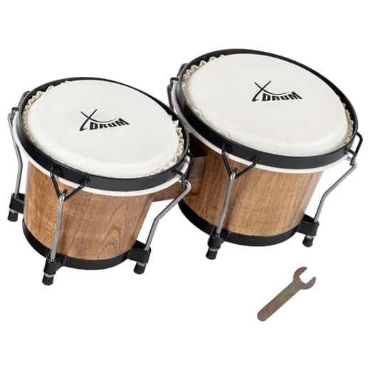 XDrum PERC Bongos Club Burdeos - 2 tambores de 6" y 7" - Bongos con parches naturales afinables y llave de afinación - Tambores de madera Tobacco