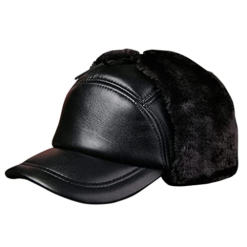 WDSOPK Gorro de Piel de Aviador de Cuero Negro para Invierno, Gorro cálido para Exteriores, Ideas de Regalo para Hombres, negro-59-60 cm (Negro 55)
