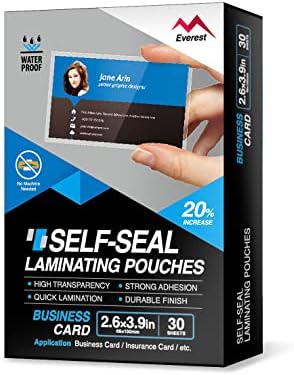 Everest Self Adhesive Laminating Pouches, Self Sealing Pouches for Cards, Waterproof, 2.6 x 3.9 Inches, 30 Sheets,10 Mil Thick, Gloss Finish Business Card, No Laminating Machine Needed