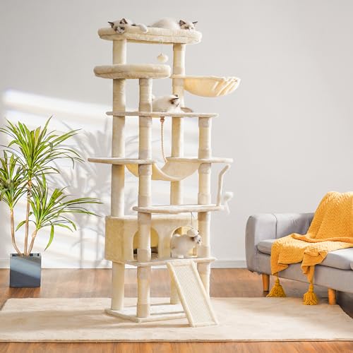 Image of Heybly Tall Cat Tree 78-inch Multi-Level Cat Tower for Indoor Cats HCT033M | Cat Condo with 2 Widened Plush Perches, Multi-Level Cat Furniture with Scratching Board, Big Caves, Beige