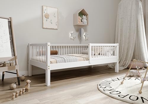 TIMBEE - Alfi - Kinderbett 80x160 cm - Bett Weiß - Einzelbett für Kinder mit Lattenrost und Rausfallschutz Abnehmbar - Hohe Beine - Belastbar bis 100 kg - aus Kiefernholz Klasse 1