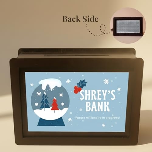 Image of Xmas Personalized Name Gullak 9x5.5 Inch | Wooden Money Saving Box for Kids & Adults | Christmas Gift Idea for Brother, Sister, Son, Daughter, Friend, Office, Secret Santa