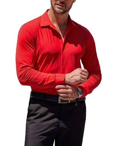 Coofandy Men'S Muscle Fit Dress Shirts Silk Wrinkle-Free Long Sleeve Casual Button Down Shirts Red thumb #2