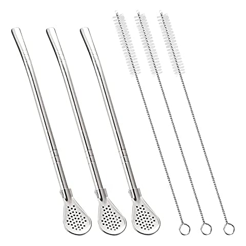 304 Stainless Steel Drinking Straws with Filter Spoon,Tea Straws with Cleaning Brush,Reusable Stirring Spoon,Yerba Mate Bombilla Suitable for Coffee Shops, Restaurants, Milk tea Shops (3 Sliver spoon) Cover