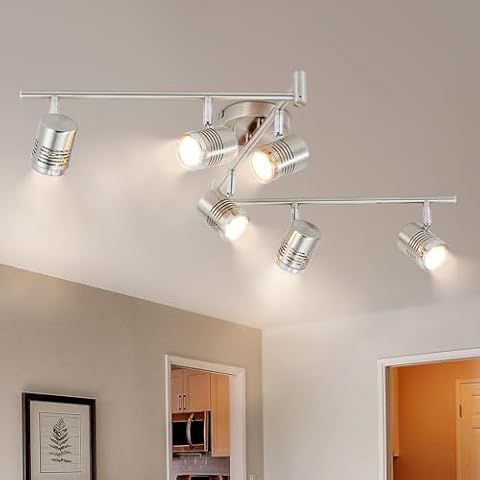 DLLT 6-Light Track Lighting Fixtures Swing Arm, Kitchen Ceiling Spot Light, Flush-Mount Foldable Track Rail Lighting for Living Room, Dining Room, Offices, Bedroom, Picture Wall, Kitchen, Warm Light Cover