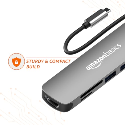 Image of Amazon Basics 6-in-1 Hub Multiport Adapter, USB Type-C with Aluminium Shell, HDMI 4K@60hz, 1xUSB 3.0, 1xUSB 2.0, 60W PD, SD /TF Card Reader for MacBook Pro, MacBook Air, Type-C Devices