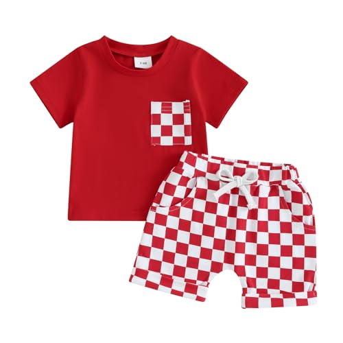 Image of Doqcey Baby Boy Girl Summer Outfits Checkerboard Short Sleeve T-Shirt Elastic Waist Shorts Set Toddler Checkered Outfit