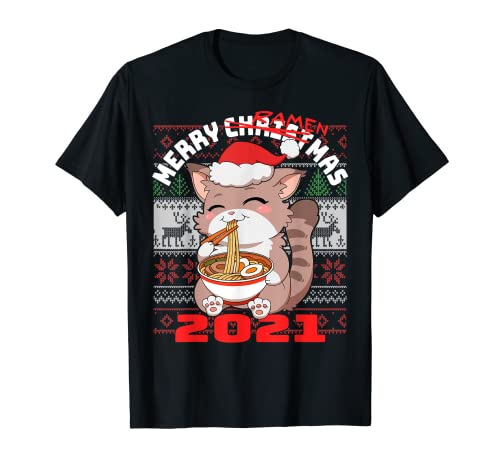 Ugly Anime Kawaii Gato Santa Sombrero Feliz Ramenmas Navidad Camiseta