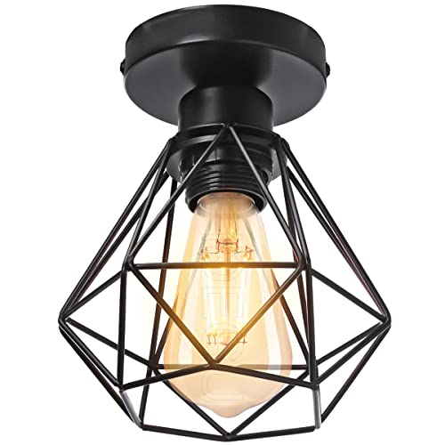iDEGU Lustre Plafonnier Industriel Métal Suspension Luminaire Style Cage Géométrique E27 Mini Lampe de Plafond Vintage pour Couloir Entrée, Noir, Ø 16cm (Plafond) Cover