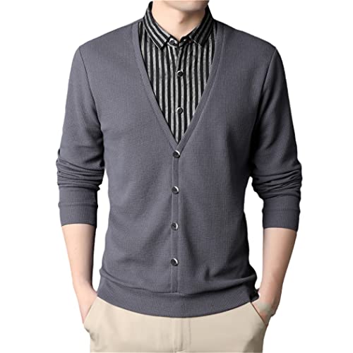Pull 2 pièces homme faux tricot boutons rayés automne hiver bleu gris M
