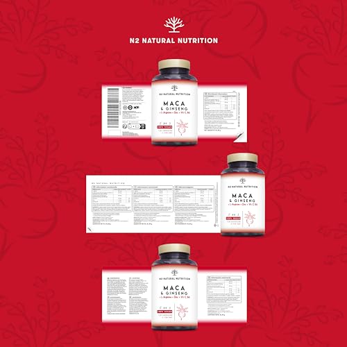 Maca Andina + Gingseng + L Arginina. Triple Energía. Zinc, Vitamina C y B. Rendimiento deportivo. Reduce Cansancio y Fatiga. Antioxidante. 120 cápsulas, 60 días. CE. Vegano. N2 Natural Nutrition
