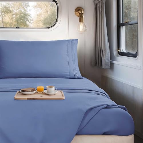 Image of Nestl Steel Blue Short Queen Sheets for RV, Hotel Luxury RV Queen Sheets Set, 4 Piece Fitted Bed Sheet Set and Pillowcases, Super Soft, Wrinkle-Free, and Breathable Camper Bedding