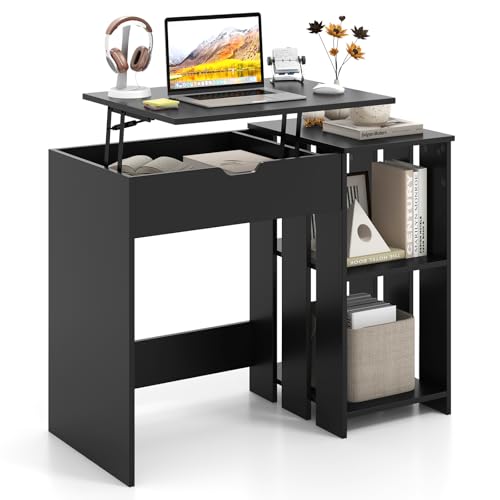 Tangkula Computer Desk with Lift Top, Space Saving Standing Desk with Hidden Compartment and Open Storage Shelves, Study Writing Desk with Lifting Mechanism, Black