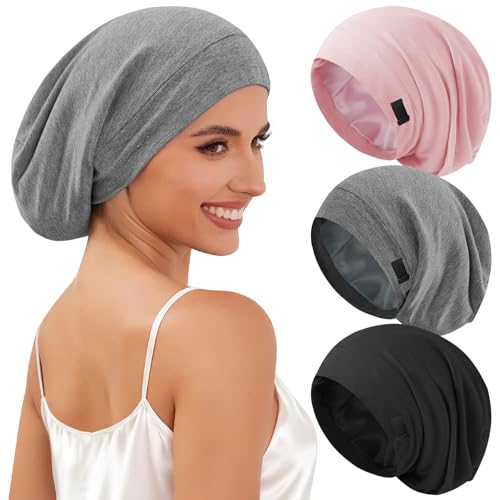 3Pcs Silk Satin Bonnet for Sleeping Women Men, Soft Cotton Slouchy Beanie Chemo Hat with Silky Satin Lining, Adjustable Night Sleep Cap Hair Wrap for Natural Curly Hair