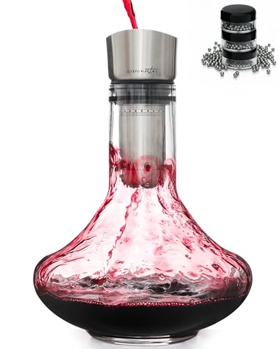 Gusto Nostro Crystal Wine Decanter with Aerator Pourer - Premium Hand-blown Lead-free Glass Wine Decanter Set for Red Wines - Carafe with Lid Filter for Smooth Pouring - Stainless Steel Spout Included