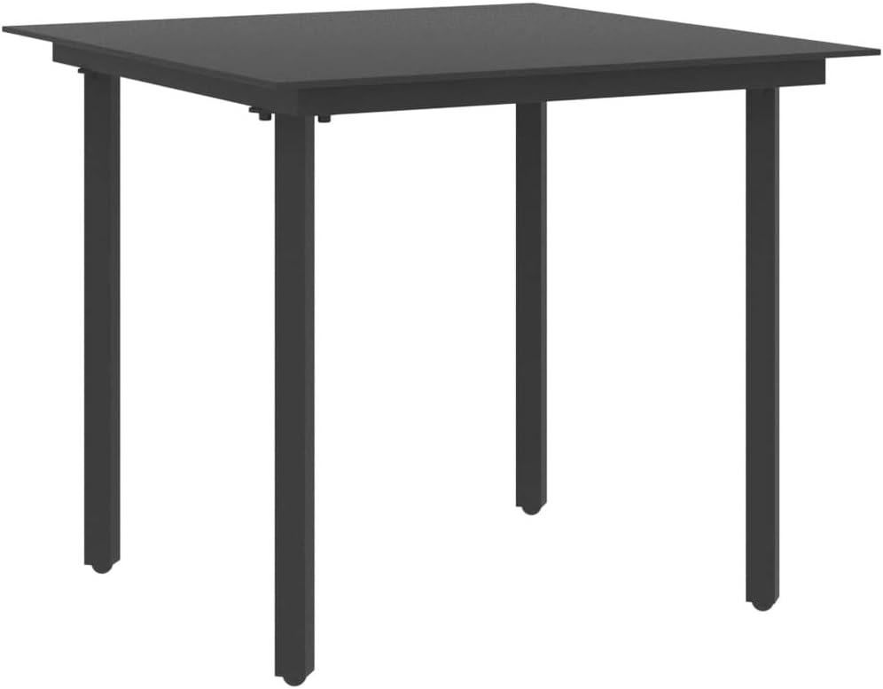 vidaXL Modern Patio Dining Table in Black - Outdoor Furniture with Powder-Coated Steel Frame and Glass Top - 59.1"x31.5"x29.1"
