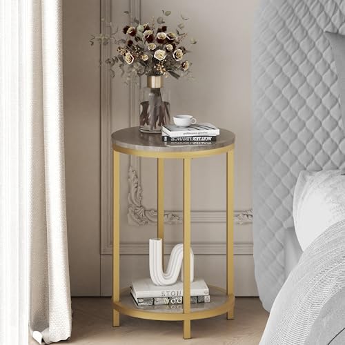 WiberWi Round Side Table, Modern Nightstand End Table with Gold Metal Frame &Faux Marble Top, Accent Bedside Table for Living Room Bedroom Small Spaces with Storage Open Shelf, Grey