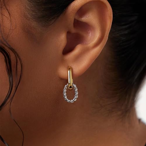 Gold Silver Hoop Earrings for Women, 14K Two Tone Hoop Earrings for Women Chunky Double Hoop Earrings Hypoallergenic Earrings Jewelry Gifts for Women2