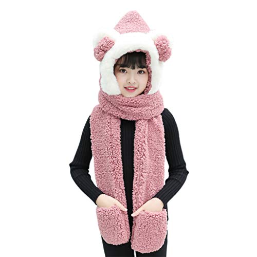 EVERY- Chapéu infantil 3 em 1 de pelúcia quente de inverno fofo laço orelhas de urso cachecol luvas
