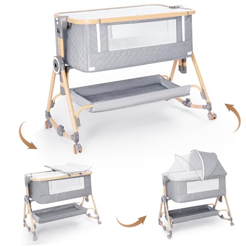 Image of Baby Bassinets Bedside Sleeper 5 in 1,Bedside Bassinet for Baby with Mattress,Diaper changer, Storage Layer,Mosquito Net,7-level adjustable height , one-touch folding for travel with infants (Gray)