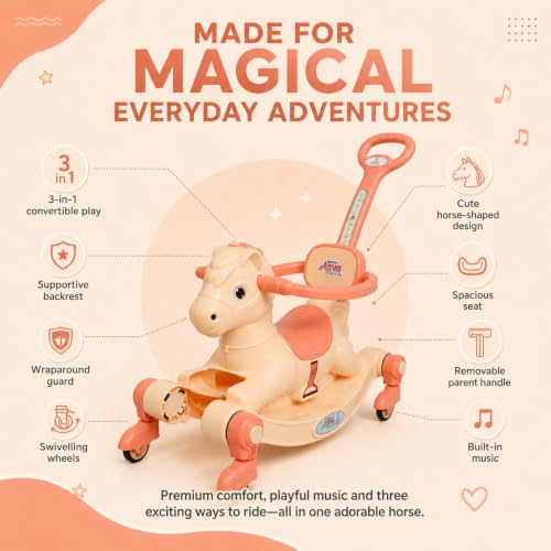 Image of 3 in 1 Baby Horse Rider for Kids 1-5 Years with Parent Handle, Rocking Horse, Ride On Toy, 360 Safety Guard, Music, Swivel Wheels, Backrest, Baby Ride On for Boys & Girls (Cream)