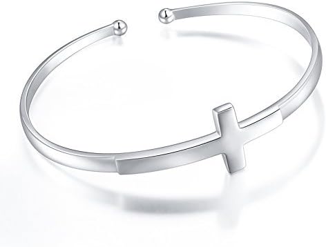 DAOCHONG Sterling Silver Sideways Cross Bangle - Faith Hope Love Engraved Bracelet With Love Heart Circle for Women, Sister, Girlfriend Gift