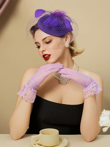 SWEETV Fascinators Pillbox Hats for Women,Tea Party Hat and Gloves Set for Kentucky Fascinator Derby, Cocktail, Wedding, Fancy Dress Party, Purple — view 3