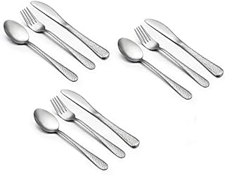 9 Piece Kids Cutlery Sets, Stainless Steel Child Toddler Flatware Silverware Set, Hammered Design Children Safe Utensil Set Include Knife/Fork/Spoon, Healthy & Mirror Polished, Dishwasher Safe
