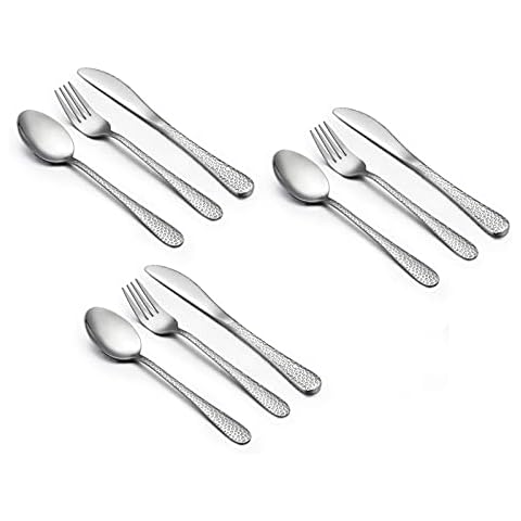 9 Piece Kids Cutlery Sets, Stainless Steel Child Toddler Flatware Silverware Set, Hammered Design Children Safe Utensil Set Include Knife/Fork/Spoon, Healthy & Mirror Polished, Dishwasher Safe Cover