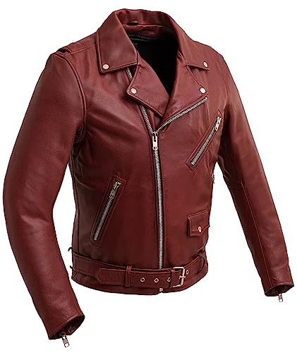 First Mfg Co - Fillmore - Men's Motorcycle Biker Riding Oxblood Leather Jacket - Medium - Action Back Armor pockets Belted Grommets Gussets