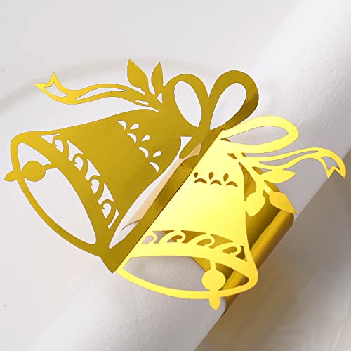 LEKOCH 50pcs Einweg Gold Papier Serviettenringe Weihnachten, Blatt Rebe Serviette Ringe für Tischdekoration, Hochzeit, Party (Spiegelgold Glocken) Cover