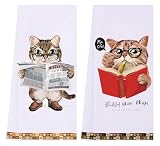 LXOMILL Funny Cat Towels for Book Lovers – Reading Cat Kitchen Towels Set – Unique Gifts for Readers, Cats Moms & Literary Women