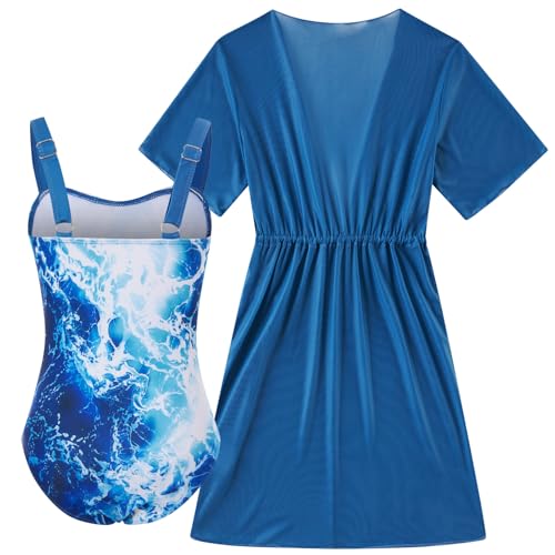 Image of Funnycokid Girls Bathing Suits One Piece Swimsuit with Cover Up Kids Swim Suit Size 8-16