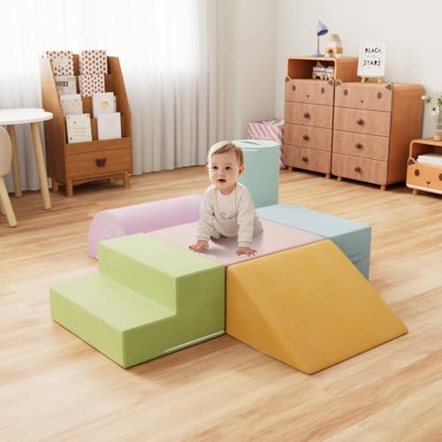 6 Piece Foam Climbing Blocks for Toddlers, Baby Climbing Gym with Ultra High Density Foam for Crawling and Sliding, Indoor Soft Play Set for Infant, Babies & Kids (Multicolor A, 6-Piece)