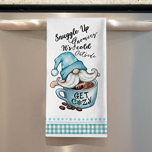 Seliem Hello Winter Gnome Joy Kitchen Dish Towel, Blue Buffalo Plaid Check Wood Tiered Tray It’s Cold Outside Tea Hand Drying Baking Cloth, Birdhouse Pine Cone Decor Home Decorations 18 X 28 2 Packs #TOP6